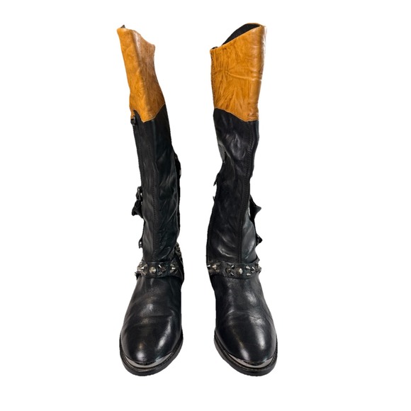 Sam Edelman 8.5 'Park' Two Tone Leather Knee High Spike Stud Belted Riding Boot - Picture 2 of 8